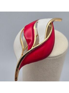 Vintage Red & White Enamel Leaf Brooch Gold Tone Statement Pin